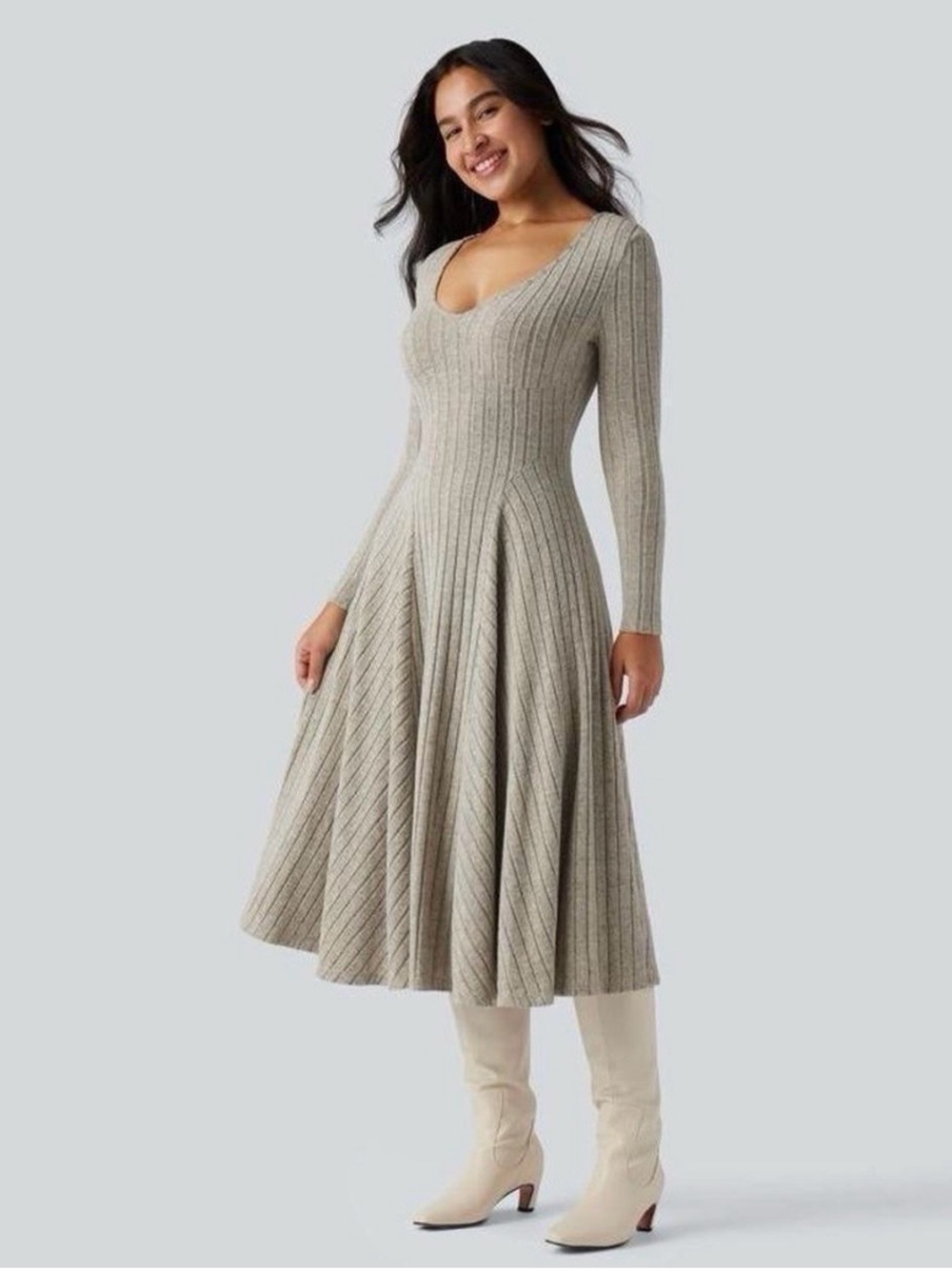 Halara Ribbed Knit Neck Long Sleeve Flowy Midi Dress Light Gray NWT